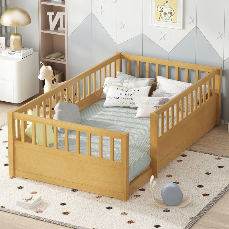 Structure de lit simple Roomfitter en bois avec clôture, plateforme Montessori à plateforme basse pour chambre à coucher ou salle de jeux