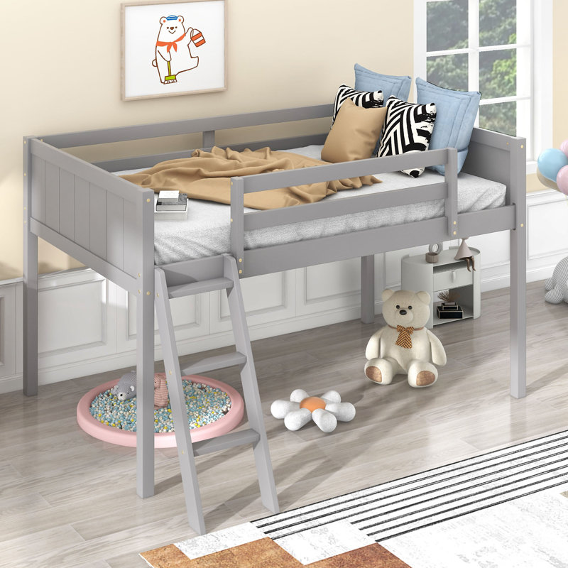 Lit mezzanine bas en bois avec échelle, Gris, Lit simple