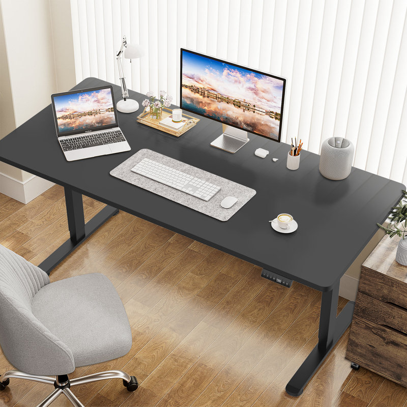 Height Adjustable T-Shaped Computer Desk Electric Standing Desk with USB Charging, Black, Black, 115cm H x 180cm W x 80cm D