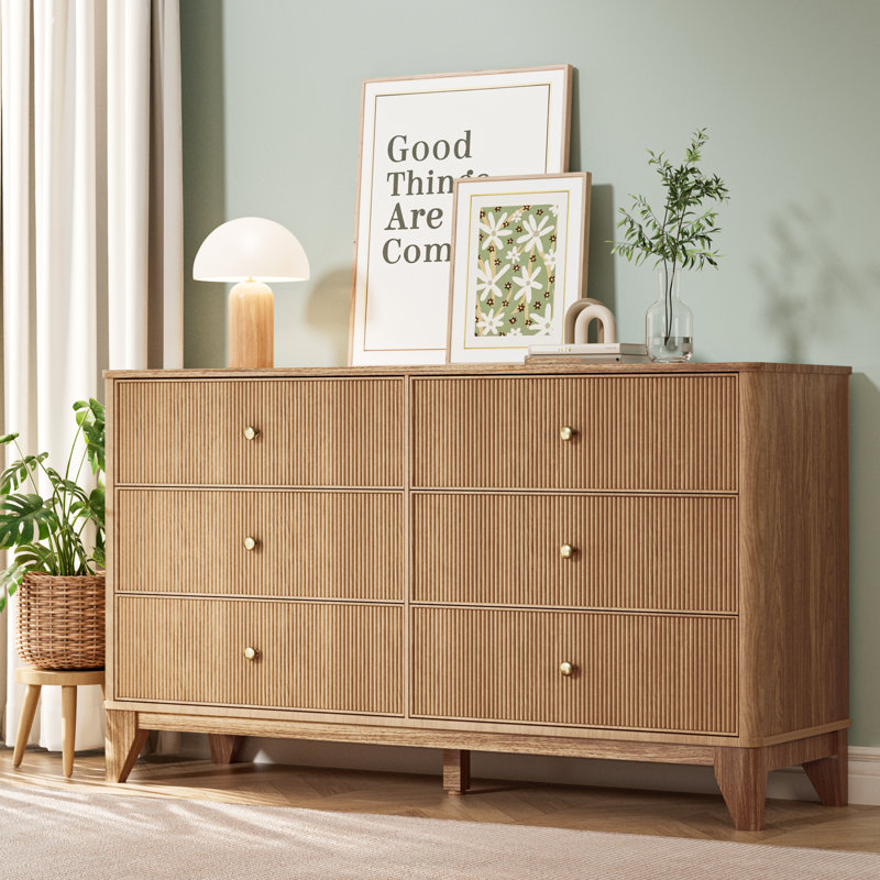 53.1" Wide 6-drawer Dresser, Fluted Modern Chest Of Drawers With Soft Round Corners, Wooden Tv Stand For Bedroom, Living Room & Hallway Storage