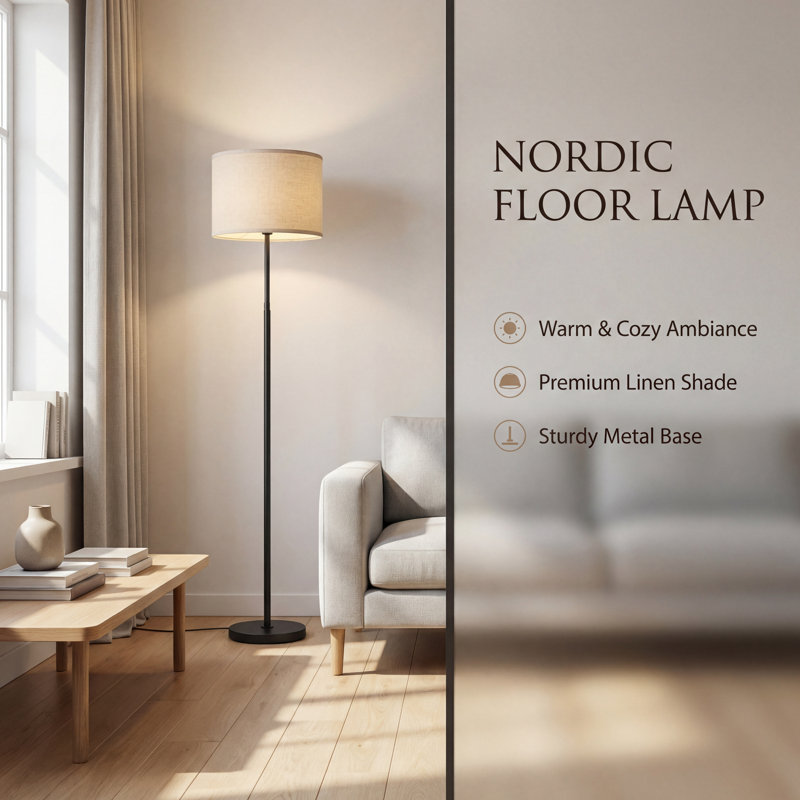 Black Modern Floor Lamps for Living Room, 63" Standing Lamp with Linen Shade, Tall Pole Lamps for Bedroom, Office(not include bulb)