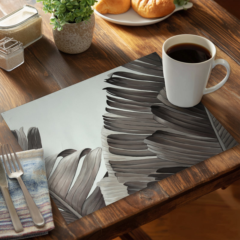 Grayscale Tropical Leaves Placemat - Brown Floral Polyester