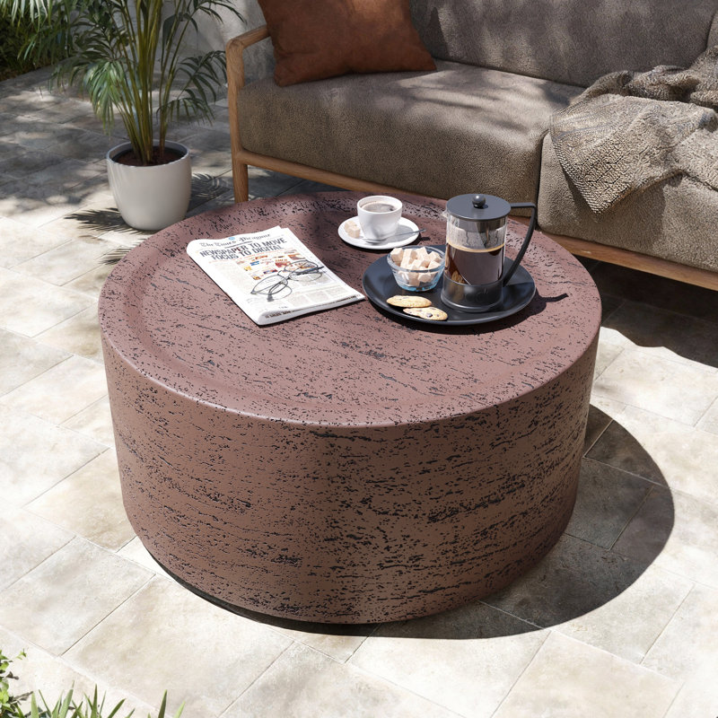 28'' Magnesium Oxide Outdoor Coffee Table with Natural Stone Textured Surface, Round, Rust Red, Rust Red