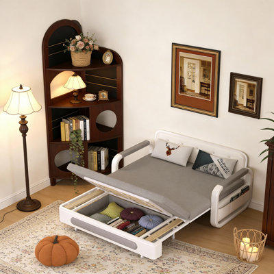 Modern Convertible Sofa Bed, Features Storage & Latex Mattress, Grey Upholstery With White Frame, Space-Efficient For Living Rooms & Studios(158Cm)