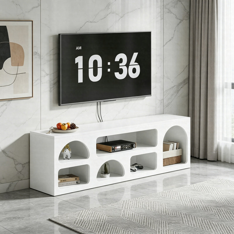 Meuble télé 63 po pour téléviseur de 60 à 70 po, console multimédia blanche moderne avec 6 tablettes ouvertes, armoire de rangement arquée crème