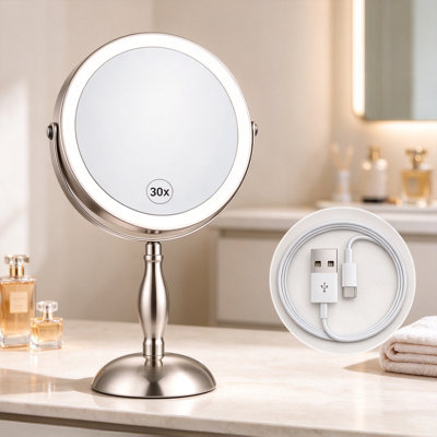 Metal Round Led Makeup Mirror, Rechargeable 1x/30x Magnifying Mirror With 3 Color Dimmable Lights, Brushed Nickel