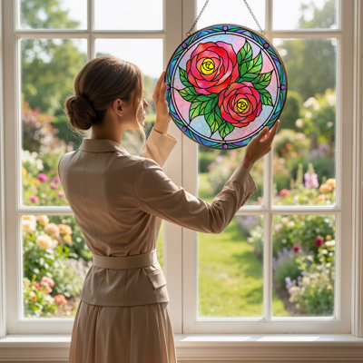 12"H Rose Pattern Stained Glass Window Panel