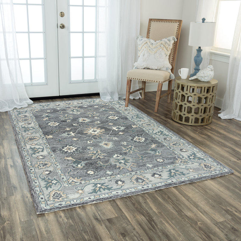 Tapis gris en laine touffeté à la main Floral, Rectangle 5 pi x 7 pi 6 po