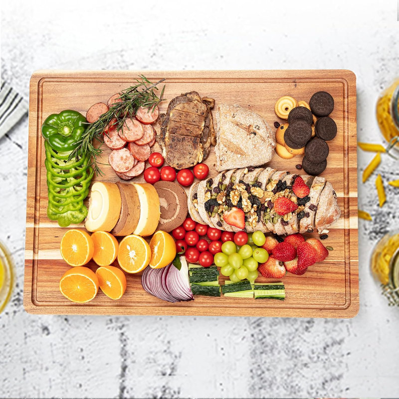 Large Wooden Kitchen Cutting Board With Side Handles & Juices Grooves