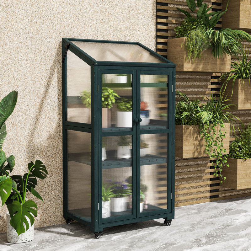 Wood Greenhouse with Adjustable Shelves and Wheels, Portable Cold Frame for Indoor/Outdoor, Forest Green