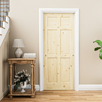 Porte intérieure à 6 panneaux en pin massif naturel de style colonial, pré-montée, avec kit de chambranle, joint d'étanchéité, charnières argentées et ouverture vers l'intérieur à gauche, non finie et à peindre, pour garde-manger, chambre, salle de bain, placard et salon, 61 cm x 203 cm