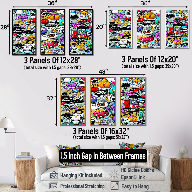 «Graffiti Artwork», impression sur toile flottante 3 pièces, H 32 po x l 48 po x P 1 po, Cadre blanc