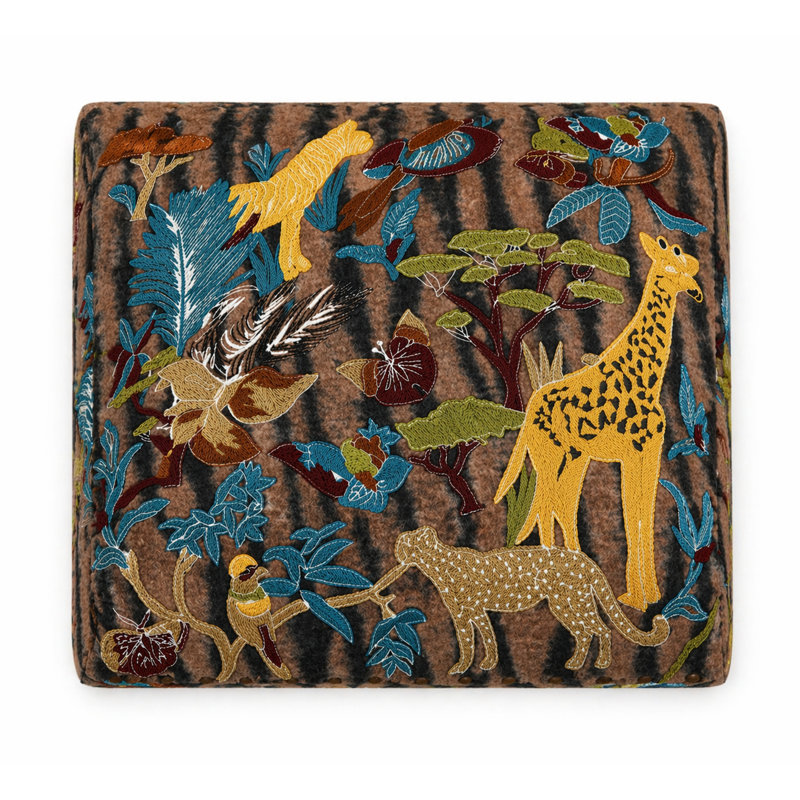 Tabouret en bois brodé Jungle Animals, Animaux bruns