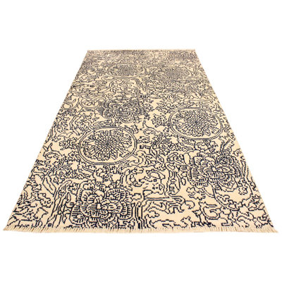 Tapis beige / noir en laine noué à la main à motif floral Abbot