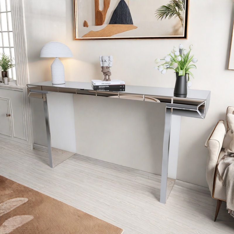 Luxury Full-length Mirror Console Table With Fluted Tempered Glass And Rounded Edge