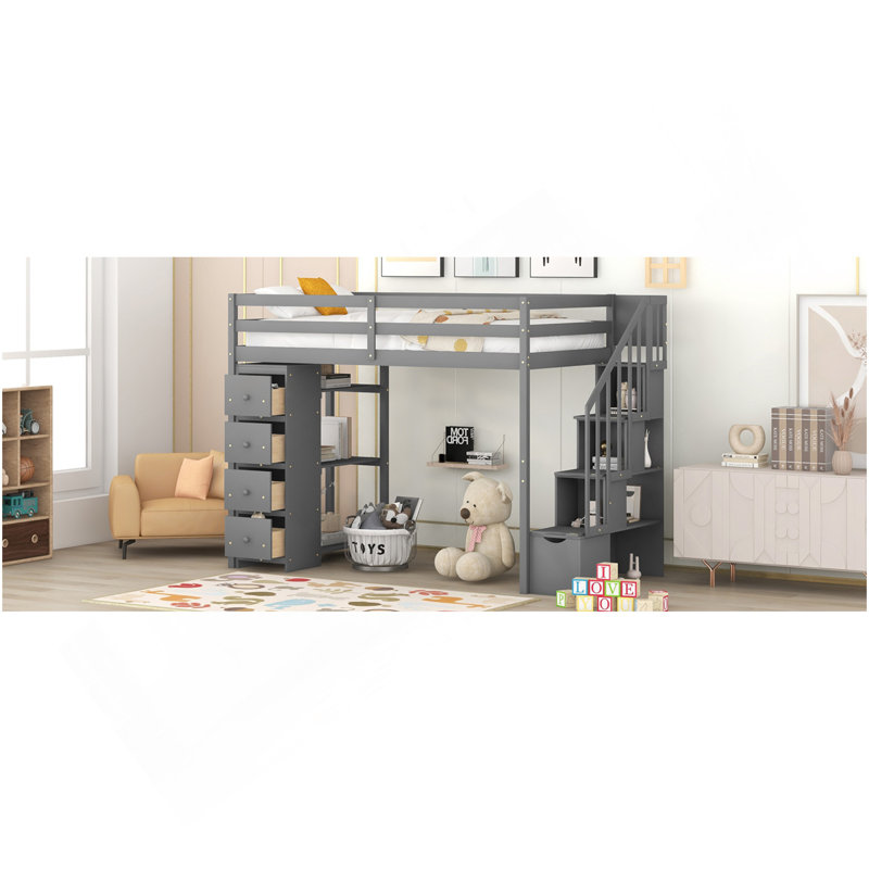 Lit mezzanine simple avec tiroirs et tiroirs de rangement, lit mezzanine en bois avec tablettes - gris, Gris