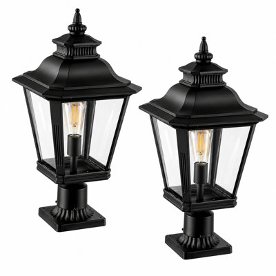 2-Pack Black Outdoor Post Lantern Lights, Metal Frame With Clear Glass Shade, Outdoor Pillar Lamp For Gate, Fence, Garden, Pathway & Driveway