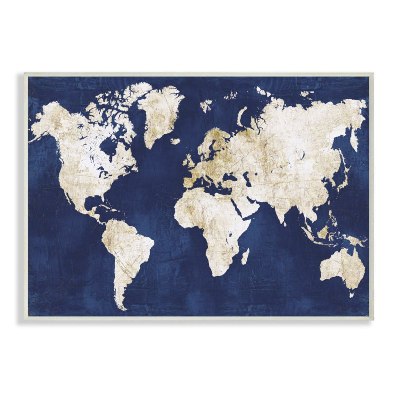 Carte du monde marine et or délavé par Alicia Vidal - impression d'art graphique, Plaque murale, H 19 po x l 13 po