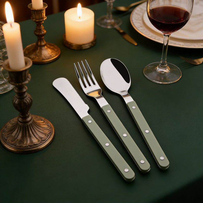 30-Piece Stainless Steel Flatware Set For 6, Retro Silverware With Solid Acrylic Handles And Rivet Design, Complete Dinnerware Utensil Set For Everyday And Entertaining