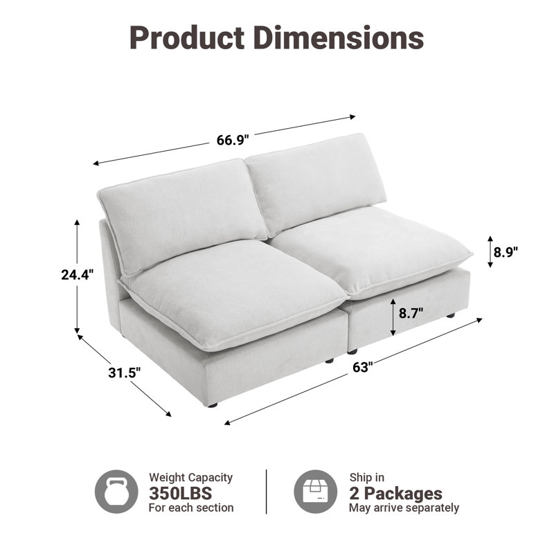 2 Piece 67'' Armless Modular Sofa, White