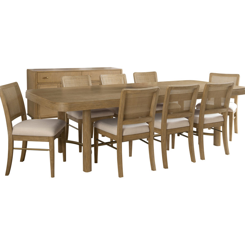 9 Table de salle à manger de style côtier, en bois brun avec rallonge amovible, assises confortables pour 8 personnes, piètement rectangulaire à tréteaux, rallonge rembourrée en mousse