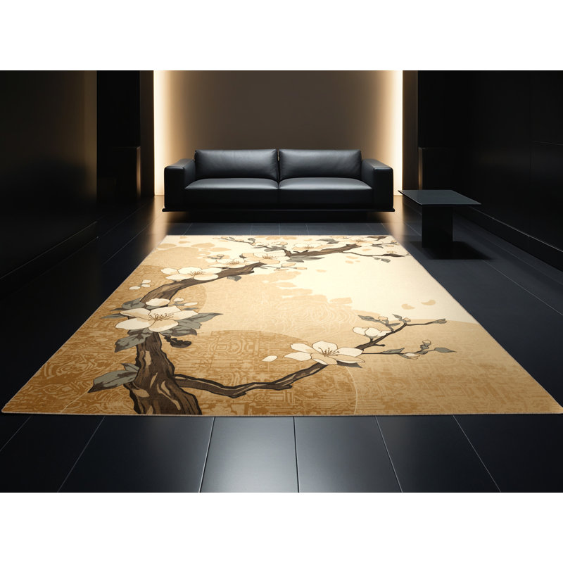 Machine Washable Ortencia Cherry Blossom Traditional Floral Rug in Beige – Beige Binding, 6x9