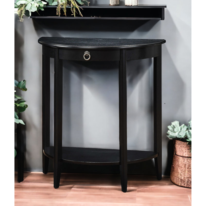Console en demi-lune noire avec compartiment ouvert sur l'étagère inférieure, plateau en bois, 4 pieds carrés en pin massif, 1 tiroir, hauteur de 49,3 cm entre le plateau et l'anneau de fixation au sol de 12,7 cm.