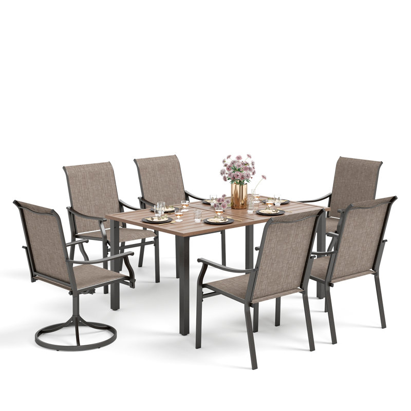 7pcs Rectangle Powder-coated Outdoor Patio Dining Set Wood-like Metal Table With Swivel Sling Chairs