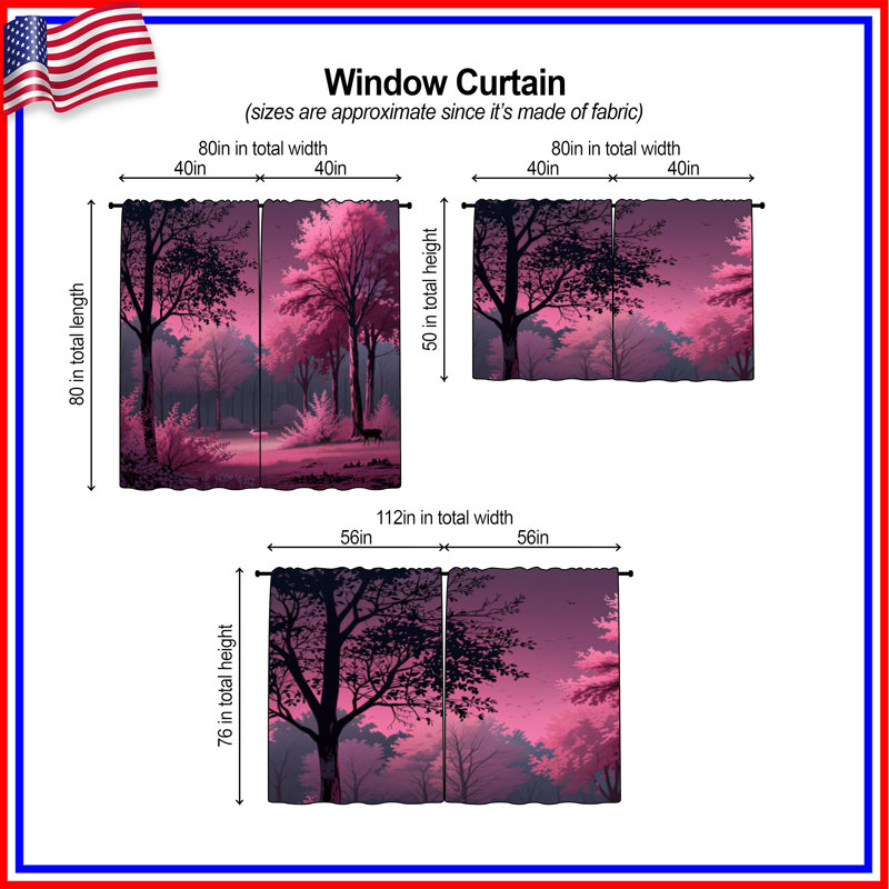 Forêt rose avec rideaux de fenêtre cerf obscurcissant et obscurcissant - 2 panneaux, 20in x 50in - 2 panels, Transparent