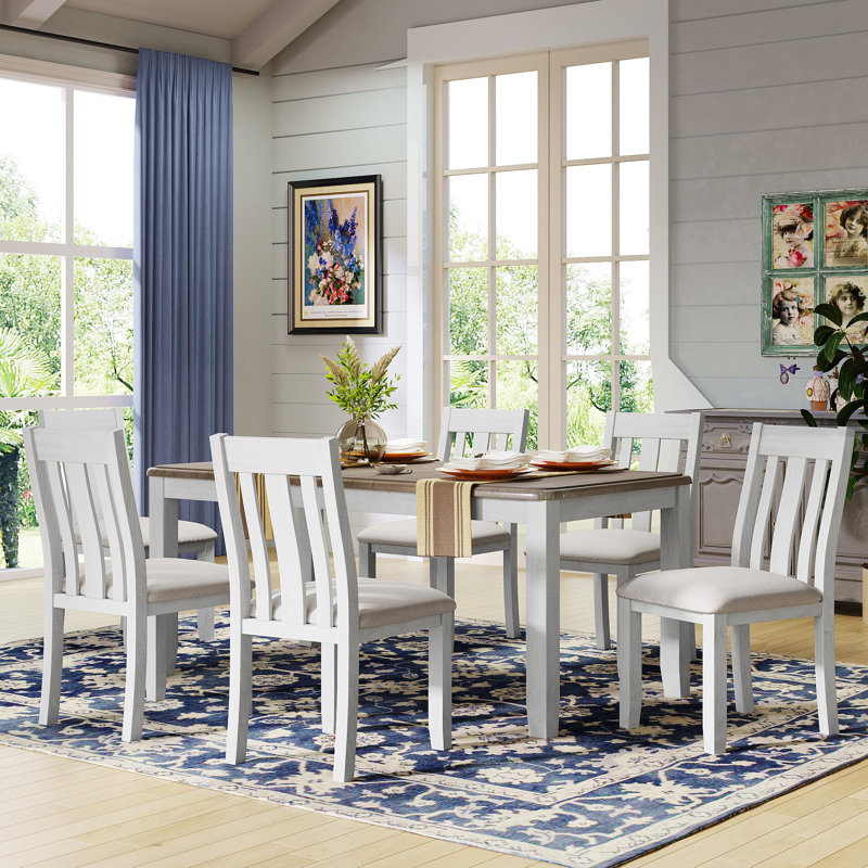 Retro Style 7-Piece Dining Table Set With Extendable Table And 6 Upholstered Chairs (Brown+White)