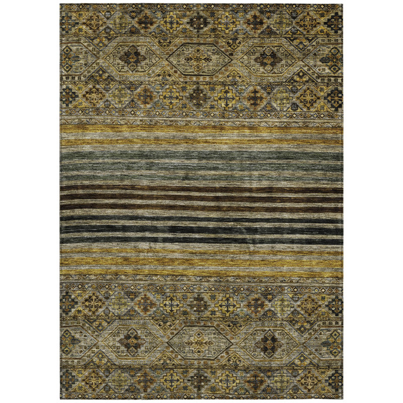 Tapis intérieur lavable à médaillon doré gris et brun 10 pi x 14 pi
