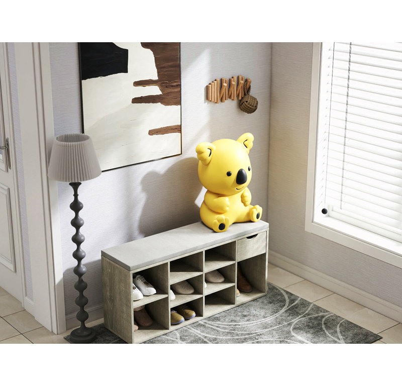 Banc de rangement multifonctionnel pour hall d'entrée avec coussin rembourré, tiroir et compartiments ouverts pour chaussures et accessoires