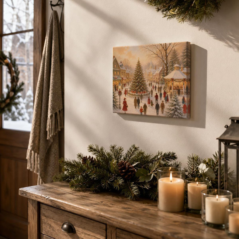 Winter Scene Wall Art Christmas Market Canvas Print Framed Christmas Winter Town Square Art Print Winter Xmas Decor for Living Room, Entryway Office