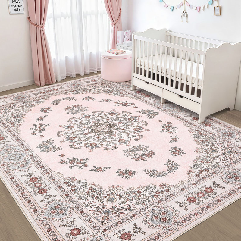 Tapis à motifs floraux éclatants, lavable à la machine, avec envers antidérapant et poils courts résistants aux taches., Rose