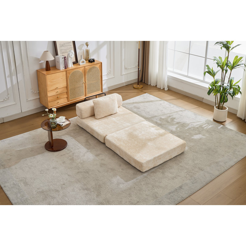 Canapé à compression, canapé-lit à plancher convertible à structure fixe, canapé modulaire à assise simple sans os, sans assemblage requis, tissu chenille, pour la chambre du salon, beige