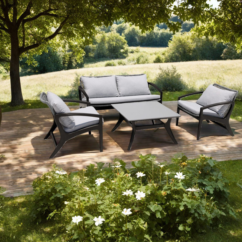 Chaise de patio robuste en eucalyptus foncé avec corde et coussins gris moderne