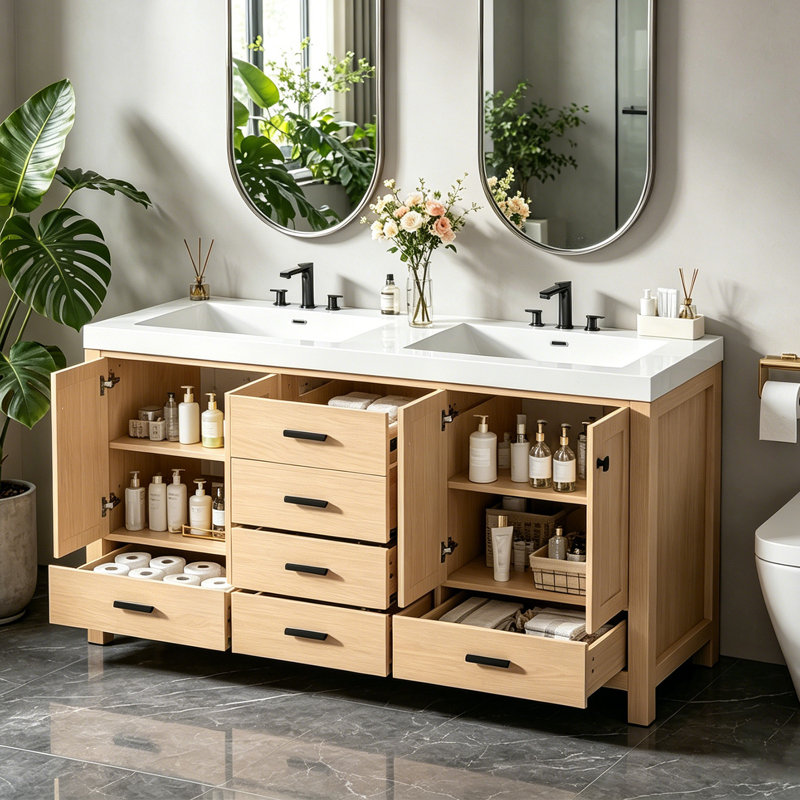 59.3" Double Bathroom Vanity With Solid Wood Frame & Smc Sink