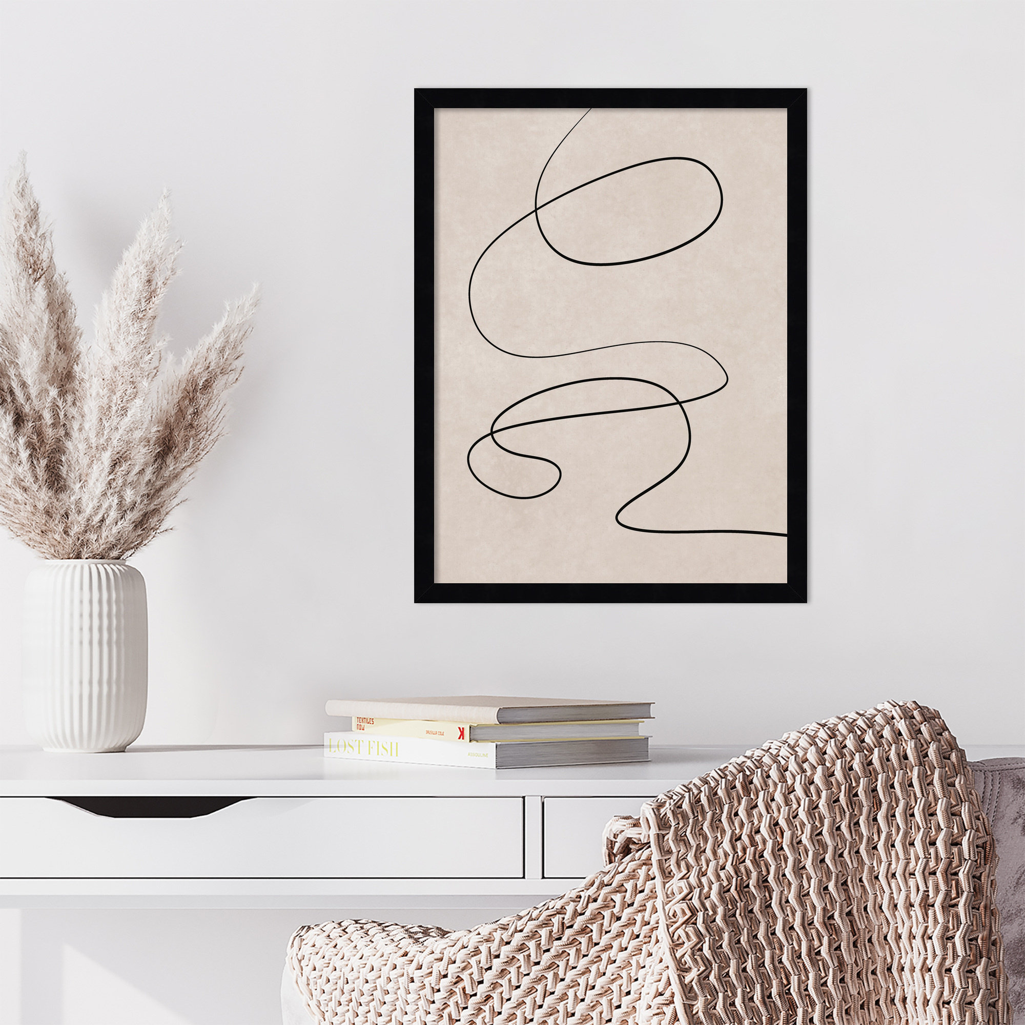 Black Line and Textured Beige Background by Little Dean Wood Framed Wall Art Print, 21" H x 16" W, Black