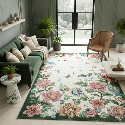 Tapis lavable 8 x 10 pi pour le salon - Tapis à imprimé de papillons modernes, velours doux, envers TPR antidérapant, lavable à la machine, beige