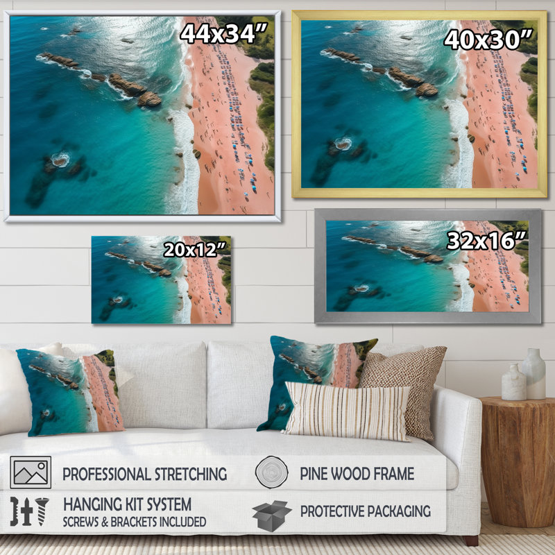Vue aérienne de la plage bleue et rose - art mural plage et océan, Cadre flottant brun, H 12 po x l 20 po x P 1 po