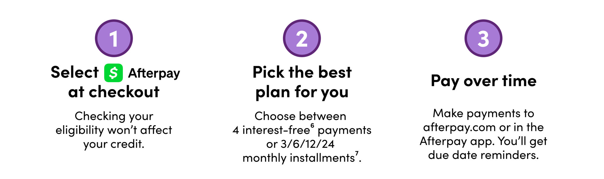 1. Select Afterpay at checkout. Checking your eligibility won’t affect your credit. 2. Pick the best plan for you. Choose between 4 interest-free payments or 3/6/12/24 monthly installments. 3. Pay over time. Make payments to afterpay.com or in the Afterpay app. You’ll get due date reminders.