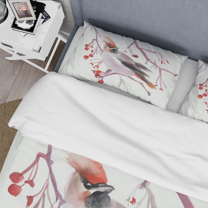 Oiseau de cire sur une branche - Ensemble de housse de couette traditionnel - Microfibre de polyester