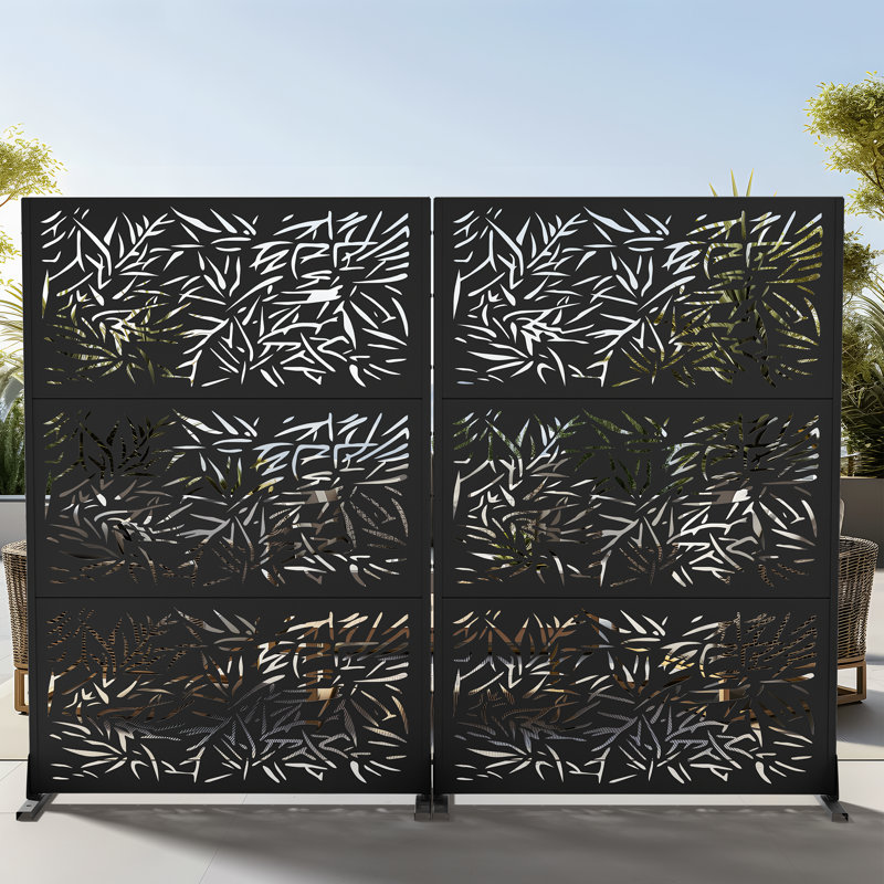 6ft. H × 4 ft. W Metal Privacy Screen Fence Panel Bamboo Leave Pattern, Black