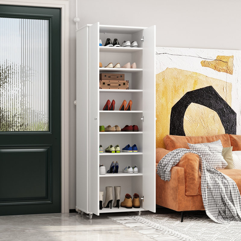 Armoire de rangement à 8 niveaux pour 8 paires de chaussures avec 4 roues, Blanc