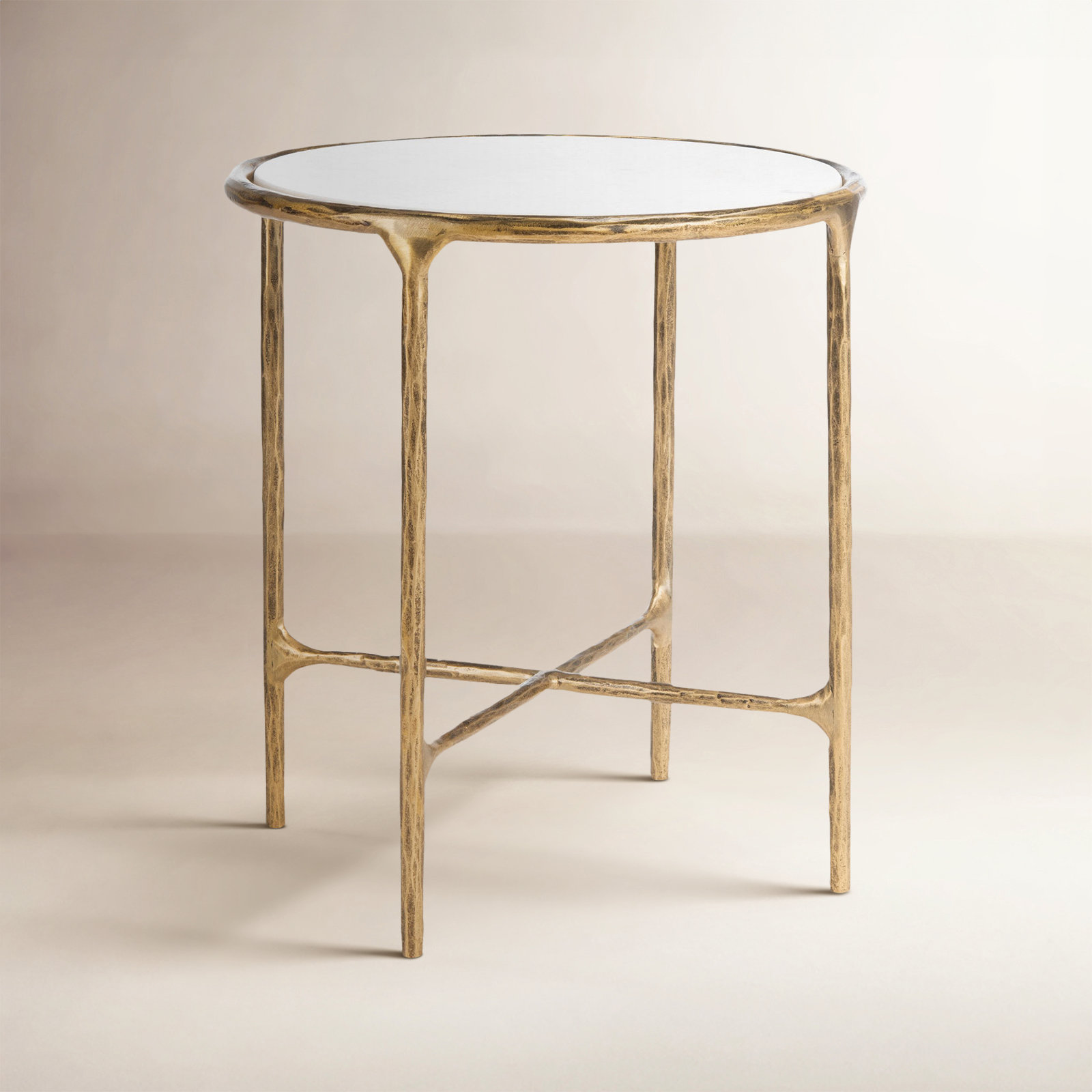 Evelynn Glass Cross Legs End Table, Brass, White Marble