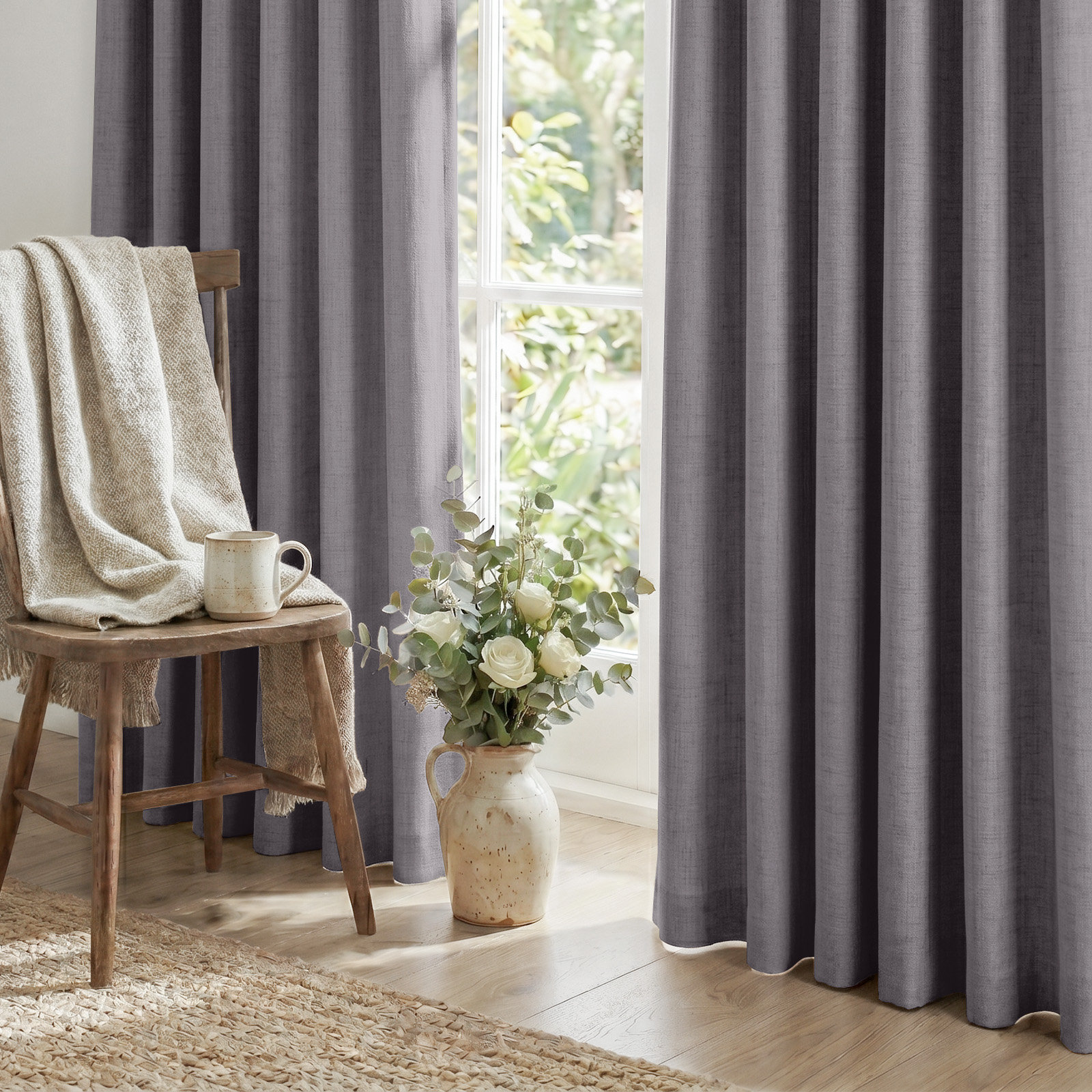 Graciella Faux Linen Blackout Curtain Set, Dark Gray, 42" W x 45" L
