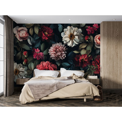 Dark Romantic Floral Wallpaper With Red And Cream Blooms – Dramatic Garden-Inspired Wall Mural For Bedroom, Hallway Or Statement Living Room Wall