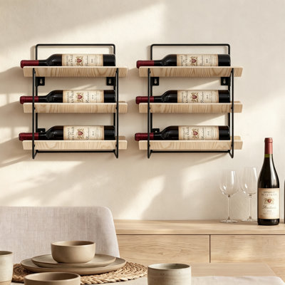 Wall Mounted Wooden Wine Rack with Metal Frame Horizontal Bottle Storage Display Shelf