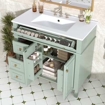 Meuble-lavabo élégant avec lavabo, armoire en bois, tiroir et portes à fermeture douce pour des solutions de rangement modernes
