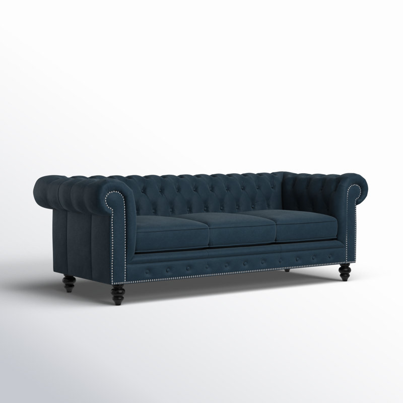 Canapé Chesterfield à accoudoirs roulés 87 po Finbarr, Velours bleu marine